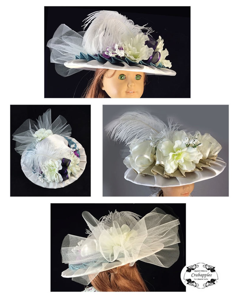 May include: A white hat with a white feather, white flowers, and a teal ribbon. The hat is trimmed with white lace and has a white satin base.