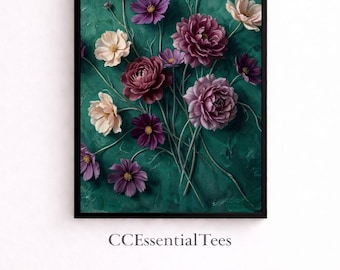 Moody Floral Oil Painting Print - Burgundy Mauve Cream Flowers on Teal - Botanical Wall Art - Vintage Impasto Style