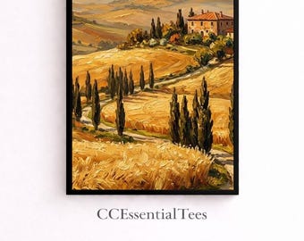 Pintura de paisagem toscana, arte rústica italiana em encosta, decoração de parede com pôr do sol aconchegante, impressão de paisagem, estilo casa de campo, download digital