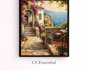 Mediterranean Garden Wall Art, Summer Terrace Print, Floral Cottage Decor, Digital Download