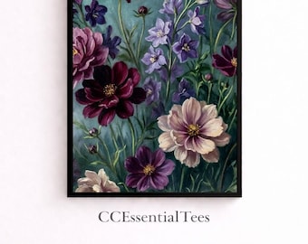 Dark Botanical Print Moody Floral Wall Art | Vintage Flower Painting Teal Burgundy Purple | Printable Digital Download