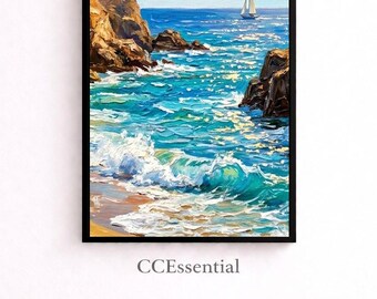 Coastal Beach Oil Painting, Ocean Wall Art Print, Mediterranean Seascape, Sandy Shore Decor, Digital Download