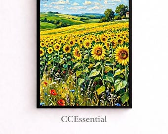 Quadro decorativo de verão com paisagem de campo de girassóis, estilo fazenda, decoração rústica para casa de campo, download digital.