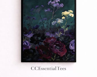 Dark Moody Floral Wall Art Print, Teal Burgundy Botanical Poster, Romantic Wildflower Digital Download