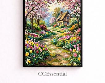 Cherry Blossom Garden Path Wall Art, Impressionist Spring Print, Cottage Garden Decor, Digital Download