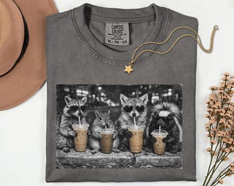 Raccoon Drinking Ice Coffee t-shirt, vintage Comfort Colors®, fox, squirrel, Porcupine t-shirt, Vintage oversized, washed t-shirt Unisex