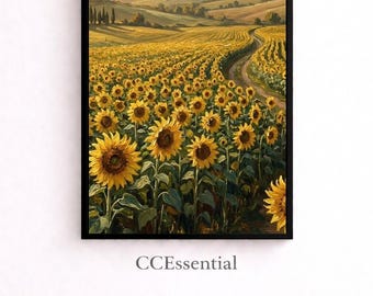 Sunflower Field Wall Art, Summer Countryside Print, Nature Landscape Decor, Digital Download