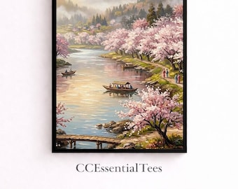 Cherry Blossom Landscape Wall Art, Japanese Sakura Print, Pink Nature Decor, Scenic Mountain Landscape, Digital Download