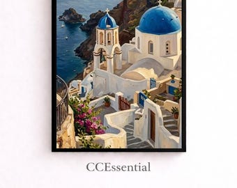 Greek Islands Wall Art, Santorini Summer Print, Mediterranean Landscape Decor, Digital Download