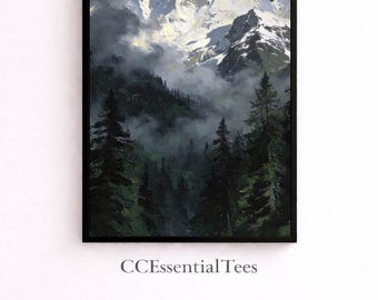 Misty Forest Mountain Landscape Wall Art, Moody Dark Pine Forest Print, Dark Academia Decor, Digital Download