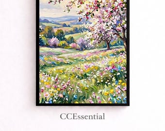 Väggkonst med blomsterängslandskap, pastell lantlig stil, vibrerande vårtryck, upplyftande lantlig inredning, omedelbar nedladdning
