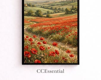 Poppy Field Wall Art, Summer Wildflower Print, Red Flower Landscape Decor, Digital Download