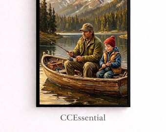 Arte de parede estilo vintage com pai e filho pescando em um lago, paisagem natural, decoração rústica para casa, download digital.