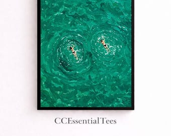 Swimmers in Green Water Wall Art | Emerald Ocean Aerial Print | Impasto Oil Painting Style | Digital Download | 4 Sizes
