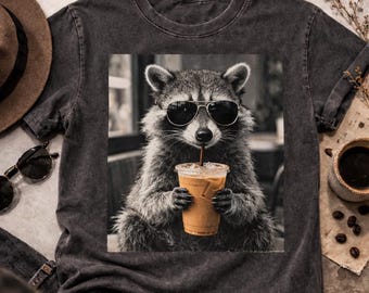 Raccoon Drinking ICE Coffee, Coffee Lover Raccoon Shirt, raccoon lover retro graphic t-shirts, Funny Graphic, T-Shirt Unisex