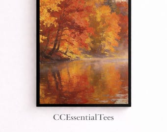 Autumn Forest River Wall Art | Fall Foliage Landscape Print | Impressionist Oil Painting | Digital Download | 4 Sizes