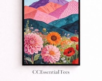 Folk Art Mountain Landscape Wall Art, Colorful Floral Print, Dopamine Decor, Digital Download, 4 Sizes