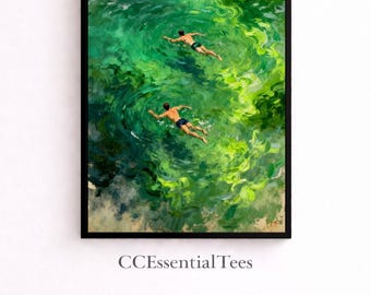 Emerald Swimmers Abstract Wall Art Print, Modern Home Decor Digital