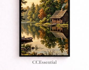 Lake Cottage Wall Art, Summer Nature Print, Peaceful Lakeside Landscape Decor, Digital Download