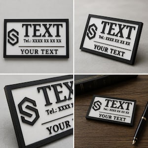 Könnte beinhalten: Ein rechteckiges Schild mit schwarzem Rahmen und weißem Hintergrund, das ein erhabenes schwarzes sechseckiges Logo, das Wort TEXT, einen Platzhalter für eine Telefonnummer, eine horizontale Linie und den Schriftzug YOUR TEXT zeigt.