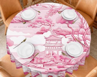 Round Mahjong Pink Pagoda Tablecloth, Scalloped Edge 60"