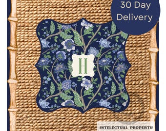 May include: A decorative square featuring a navy blue floral pattern with the letter "H" in a light green color. The design is set against a woven background with a bamboo-style border. The text "30 Day Delivery" is in a navy blue circle.