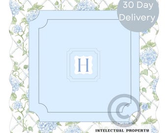 Personalized Scalloped Mahjong Mat, Blue Hydrangea