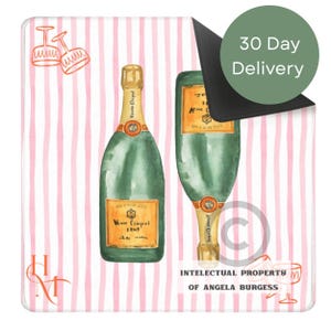 May include: A rectangular mousepad with a watercolour illustration of two champagne bottles with gold accents and orange labels. The background has pink and white vertical stripes. Text includes "Veuve Clicquot 1849" and "Intellectual Property of Angela Burgess."
