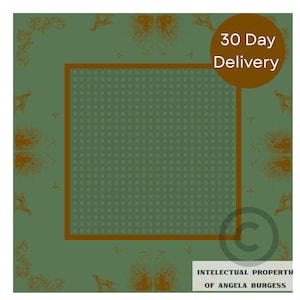 Könnte beinhalten: Quadratischer grün-brauner Stoff mit einem zentralen Karomuster. Der Stoff weist ein sich wiederholendes Muster von Jagdszenen in Braun auf. Der Text "30 Day Delivery" befindet sich in einem braunen Kreis. Der Text "INTELLECTUAL PROPERTY OF ANGELA BURGESS" befindet sich in einem weißen Rechteck.