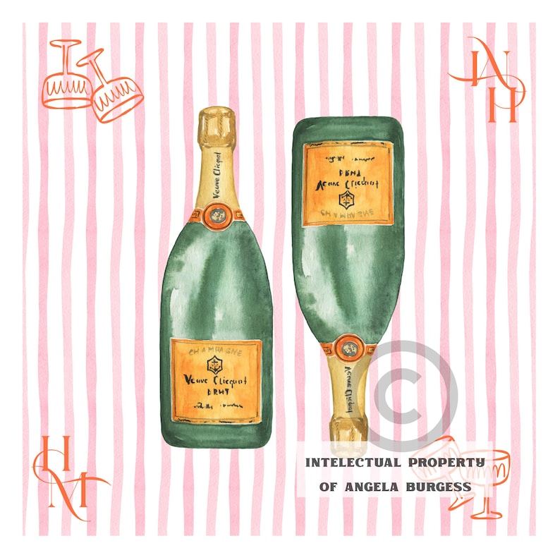 May include: Watercolor illustration of two champagne bottles and two glasses on a pink and white striped background. The bottles are green with gold labels and caps. The text "Veuve Clicquot" is visible on the bottles.