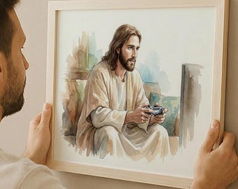Cute Funny Jesus Art, Jesus Playing Console Games, Christian Humor PRINTABLE, Funny Jesus, Funny Religious Gift, Christian Meme