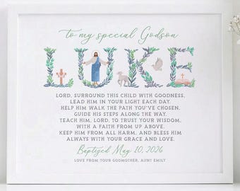 Baptism Gift Boy, Custom Name Christening Print, Personalized for Godson from Godmother, Bible Verse Nursery Art, Dedication Prayer