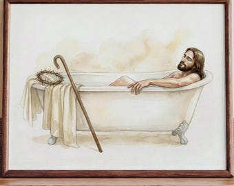 Holy Water Humor, Funny Jesus Bathtub Art, Relaxing Spa Print, Eclectic Bathroom Decor, Unique Housewarming Gift, Self Care Decor