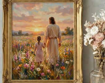 Walking with Jesus Impressionist Art, Christ and Girl in Wildflower Field, Dreamy Christian Wall Decor, Spiritual Daughter Gift PRINTABLE
