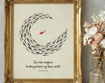 Sumi E Koi Fish Art PRINTABLE, Japanese Ink Minimalist Wall Decor, Red Fish Zen Poster, Do not conform Romans 12:2, Bible Verse Wall Art