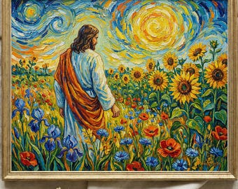 Jesus in Sunflower Field Print, Van Gogh Style Christian Art, Post Impressionist Decor, Gift for Baptism, Yellow Floral, Starry Night Vibe
