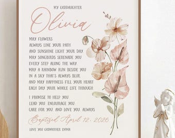 Personalized Baptism Gift from Godmother, Godmother Promise Print, Floral Christening Girl Gift, Personalized Baby Dedication Wall Art