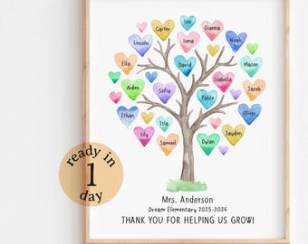 Personalized Teacher Gift, Present from Class, End of Year Teacher Gift, Watercolor Tree with Names, Helping Us Grow Custom Teacher Art