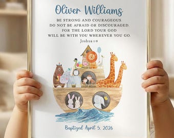 Noahs Ark Christening Print, Personalized Boy Baptism Gift, Baptism Wall Art, Baby Dedication Art, Godson Gift, Watercolor Animals Decor
