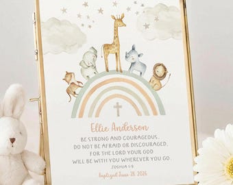 Personalized Baptism Gift Girl, Rainbow Animal Christening Print, Joshua 1 9 Baby Dedication Art, Goddaughter Gift, Girl Nursery Decor