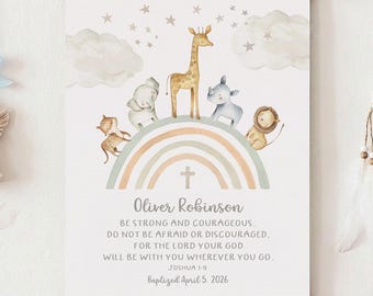 Personalized Baptism Gift Boy, Watercolor Animals Rainbow Christening Print, Be strong, Dedication Gift Boy, Nursery Wall Art PRINTABLE