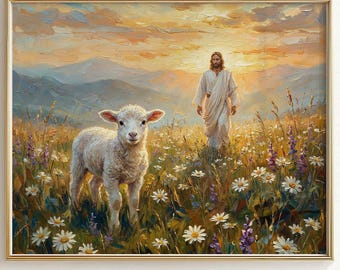 The Lost Sheep Print, Jesus Good Shepherd Sunrise, Luke 15 Bible Verse Art, Wildflower Field, Christian Wall Decor, Baptism Gift, Scripture