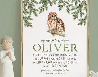 Watercolor Owl Christening Print, Personalized Godson Baptism Gift from Godmother, Godparent Promise, Custom Name Dedication Wall Art