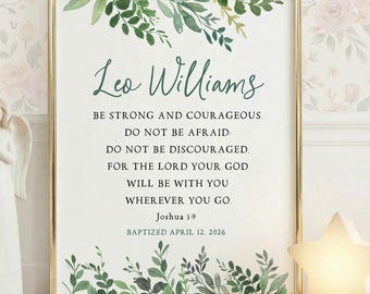Personalized Boy Baptism Gift, Greenery Christening Print, Joshua 1 9 Wall Art, Custom Name Baby Dedication, Teal Baptism Nursery Wall Art