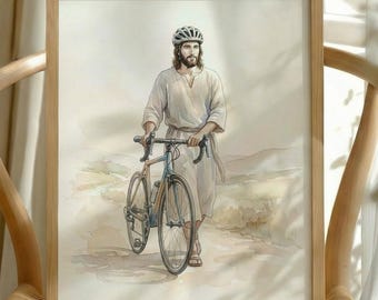 Funny Road Bike Print, Cyclist Jesus Art, Christian Athlete Gift, Bicycle Wall Decor, Peloton Room, Religious Humor, Triathlon Gift Digital