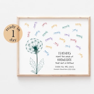 May include: A framed print featuring a dandelion illustration with colorful name tags. The text reads "Teachers plant the seeds of knowledge that last a lifetime." The print is a teacher appreciation gift, with the text "Thank you Mrs. Davis Franklin Elementary 2025-2026."