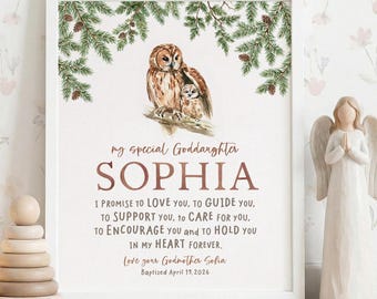 Personalized Baptism Gift for Goddaughter from Godmother, Watercolor Owl Christening Print, Godparent Promise, Custom Name Dedication Art