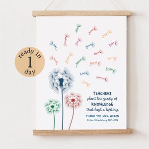 Könnte beinhalten: Ein gerahmter Druck mit einem Pusteblumen-Design und bunten Samen, mit dem Text "TEACHERS plant the seeds of KNOWLEDGE that last a lifetime." Der Druck ist ein Lehrergeschenk, mit dem Text "THANK YOU, MRS. WILSON Green Elementary 2023-2026."