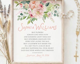 Pink Floral Christening Print, Personalized Baptism Gift Girl, Baby Dedication Art, Goddaughter Gift Digital, Blessing Nursery Wall Decor