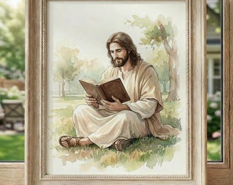 Cozy Book Nook Decor, Jesus Reading Book Art, Modern Christian Print, Librarian Gift, Relaxing Park Scene, Bookworm Wall Art, Book Lover
